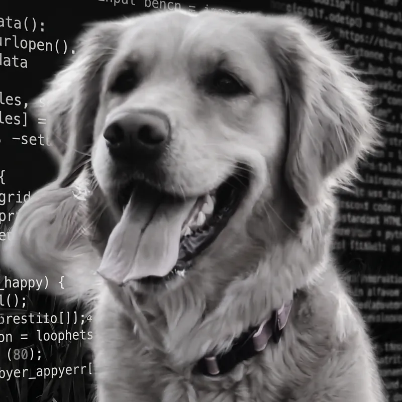 Bubbles, a golden retriever, grinning in front of a wall of code