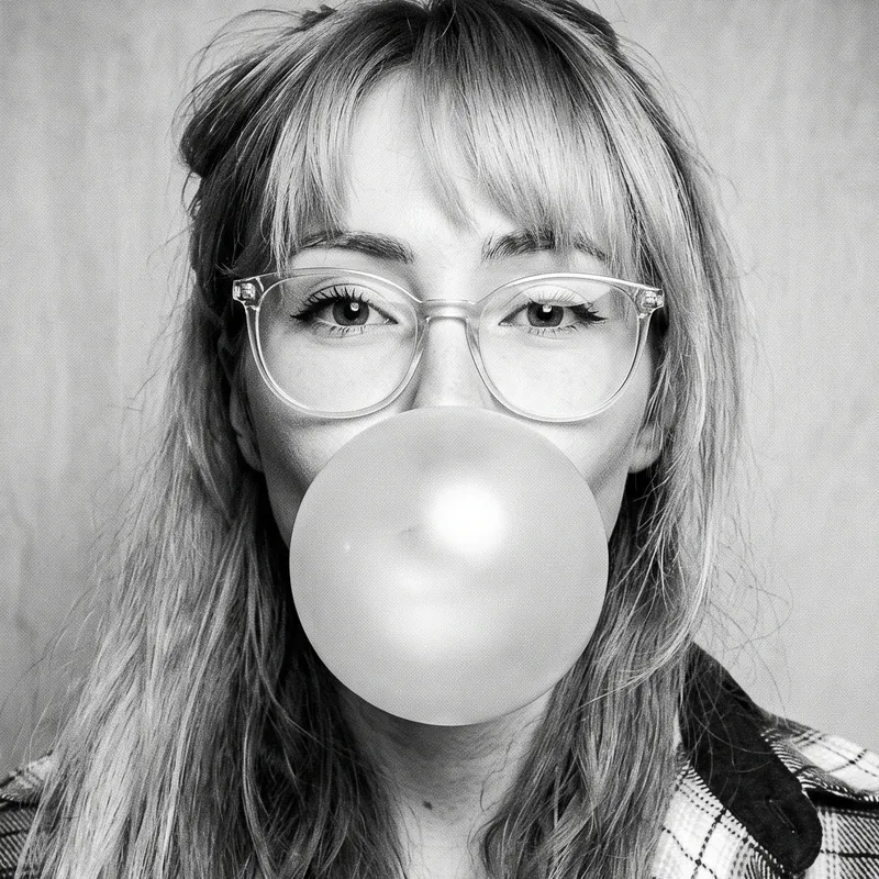 Koni in clear glasses and a plaid shirt, blowing a bubblegum bubble