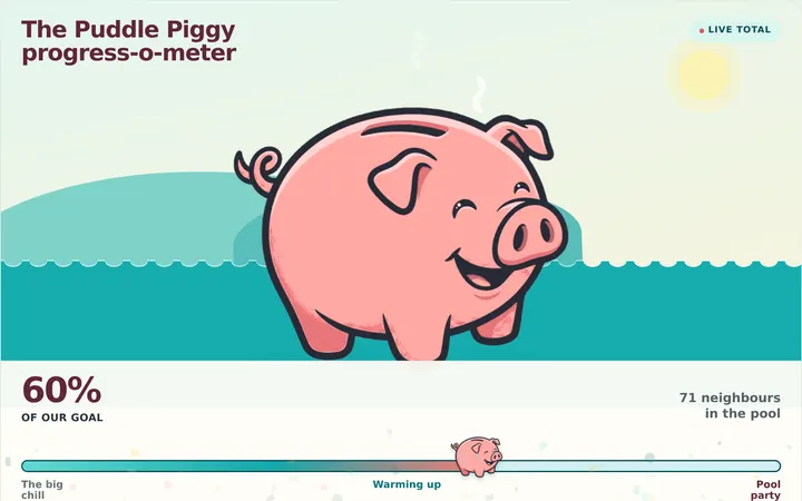 Puddle Piggy: a cartoon pig in a pool above a fundraising progress bar
